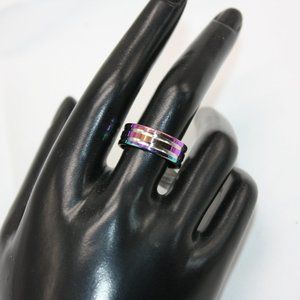Dual groove rainbow stainless steel ring sz 9